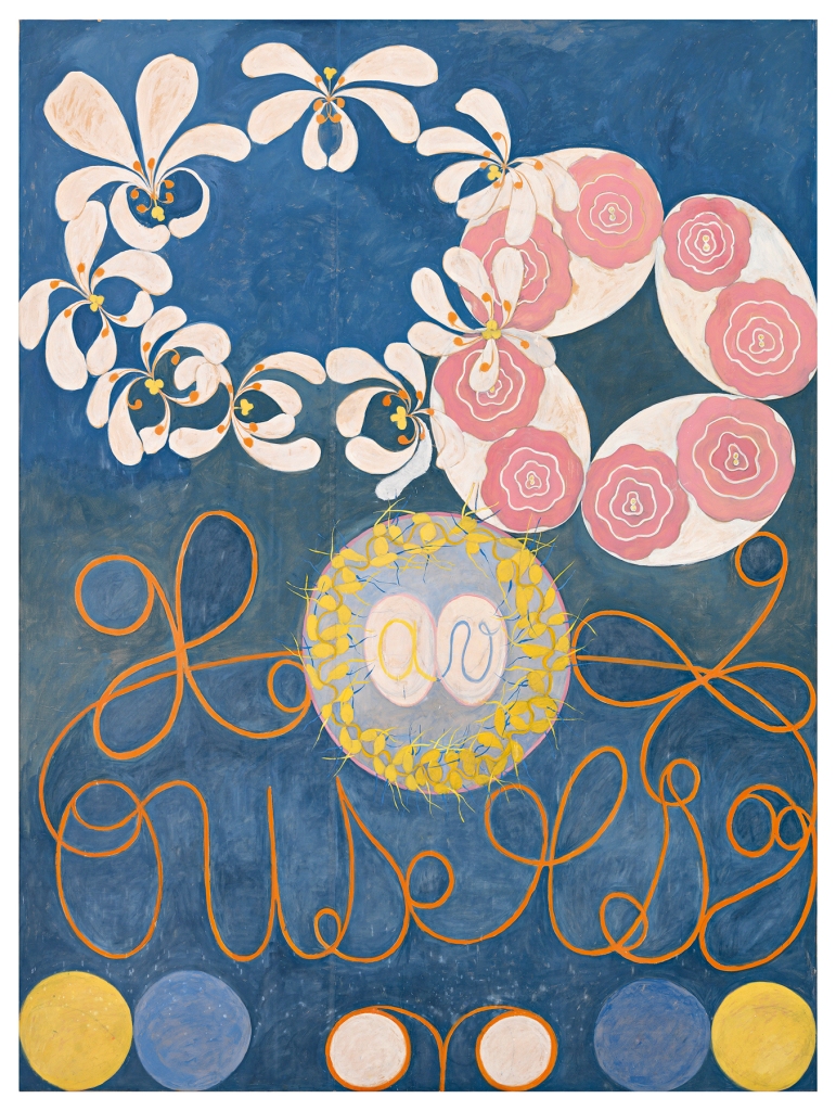 Blue background with white and pink flowers and orange calligraphy