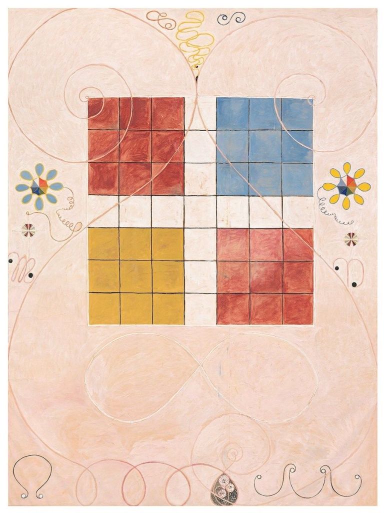 White background with four grids in red, blue, and yellow, with small flowers and swirls outside