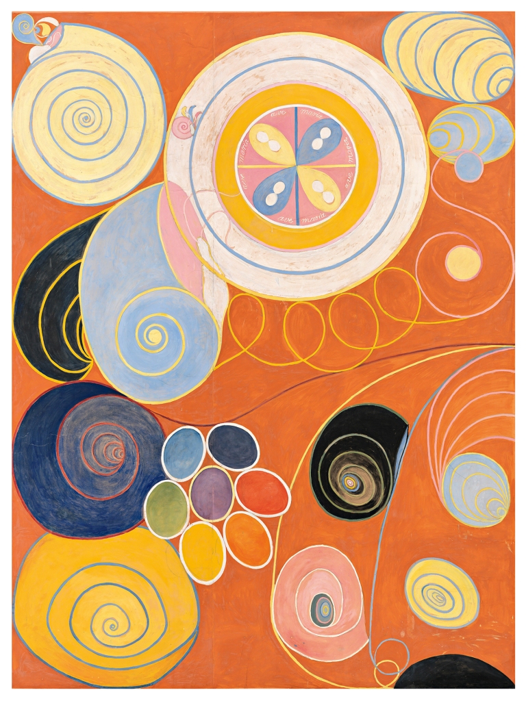 Orange background with circles and spirals in other colors