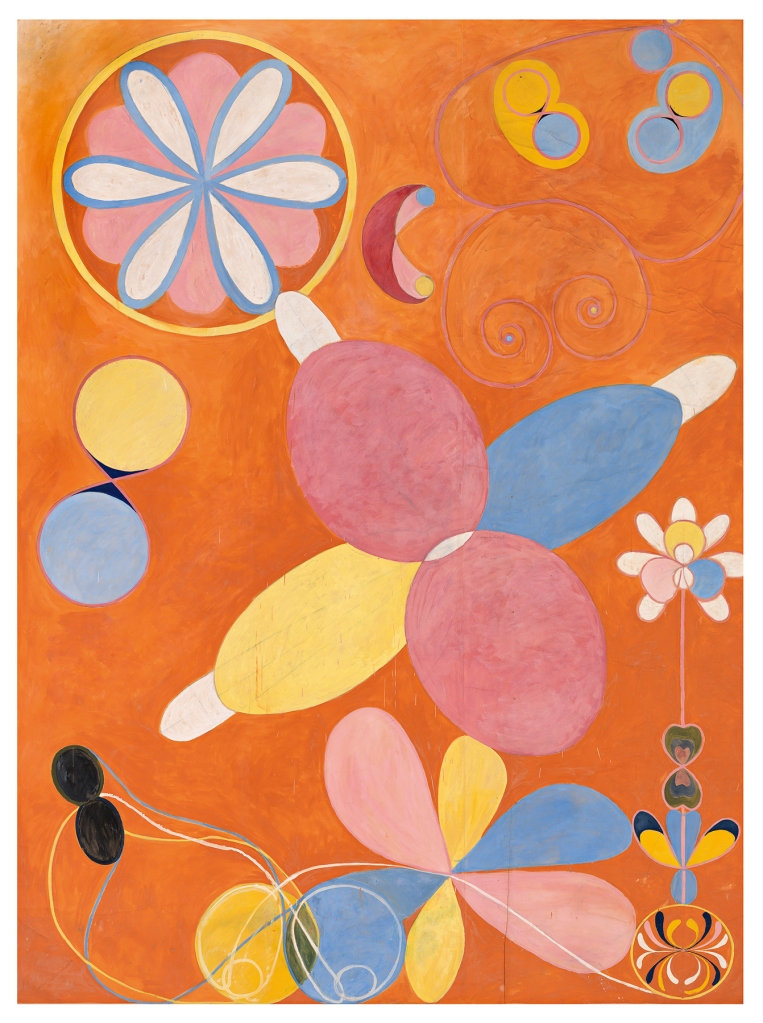 Orangebackground with ovals, circles, and petals in different colors