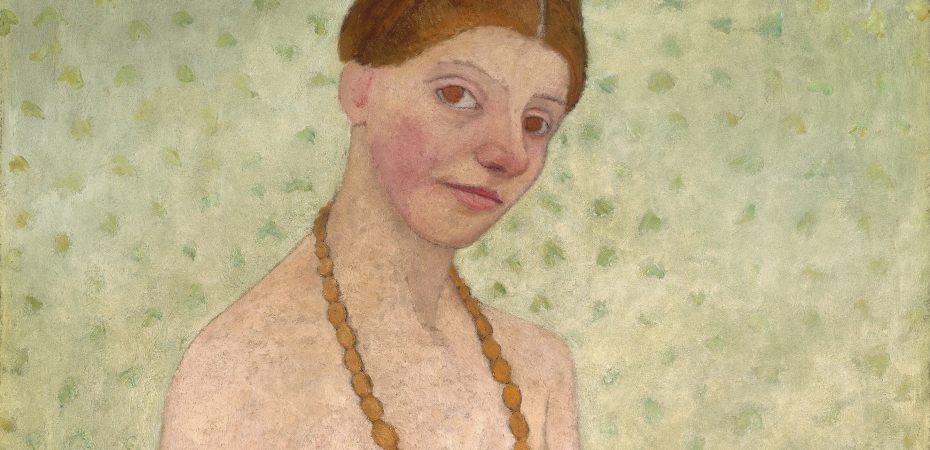 Woman with hair up, amber necklace, and no clothes above the waist