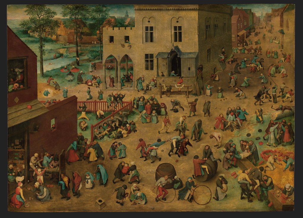 Painting of over 200 children in town square playing various games