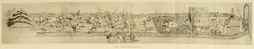 long drawing of procession with hundres of people, some riding elephants, and many flags