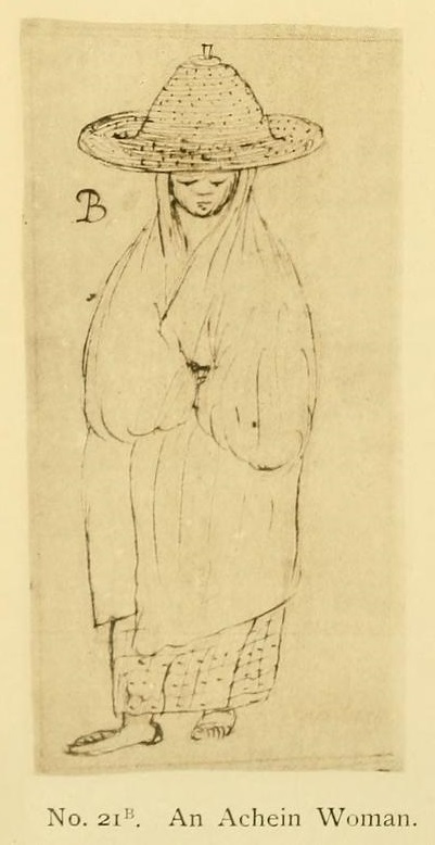 drawing of woman in rounded hat and voluminous dress and bare feet